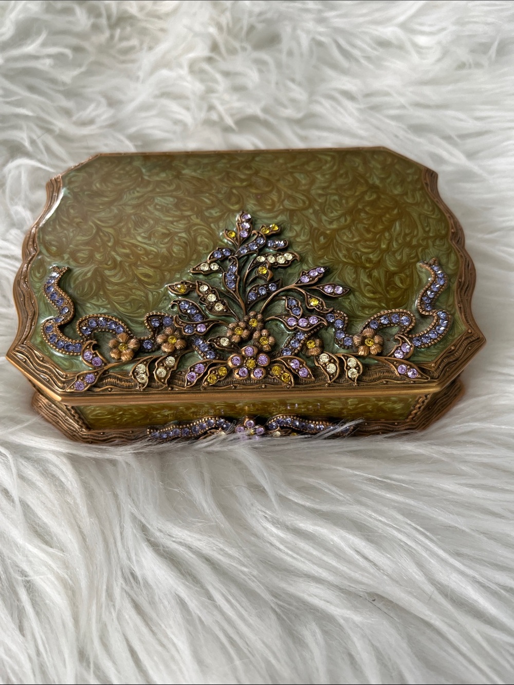 Ornate Antique Green Jeweled Enamel Decorative Trinket Box